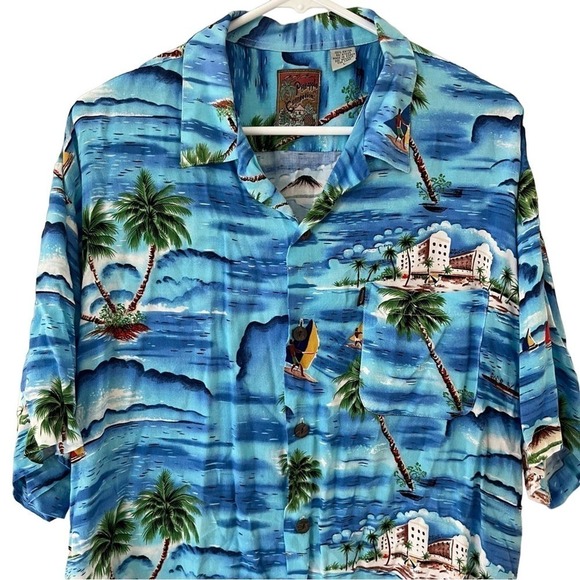 Vintage Pineapple Connection Rayon Surfer Palm Trees Hawaiian Shirt Sz Large - Picture 2 of 5